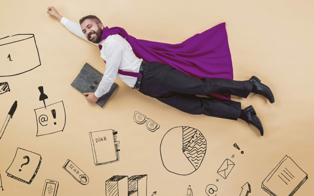 business man with purple cape flying with various business illustrations in background