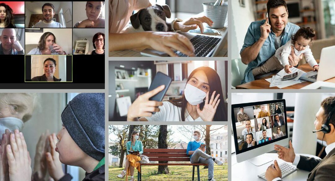 Collage of digital and in person interactions of people during a pandemic