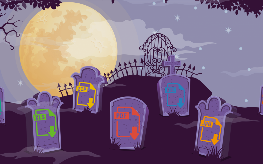 digital graphic of popular file formats on headstones in graveyard
