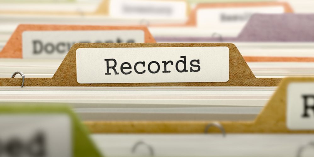 Closeup of records file in cabinet