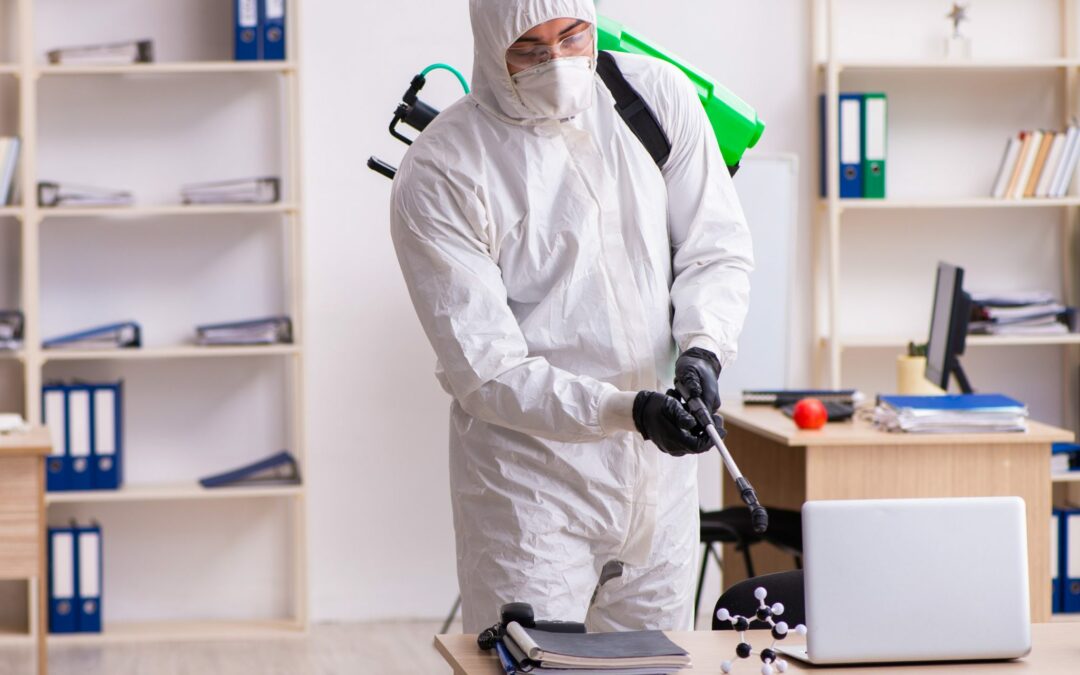 Corporate worker Sanitizing office space