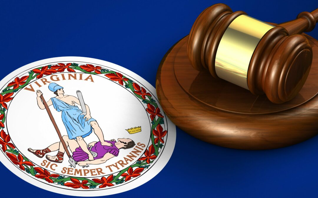 Virginia seal next to gavel on blue backdrop