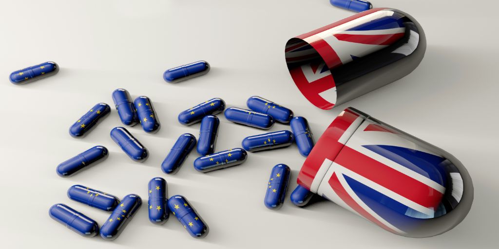 digital graphic of British flag pill bottle broken open