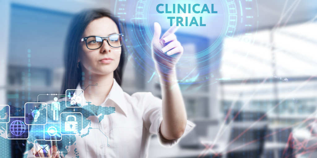 Woman touching clinical trial hologram digital graphic