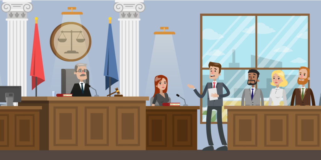 Lawyer discussing document in courtroom digital illustration