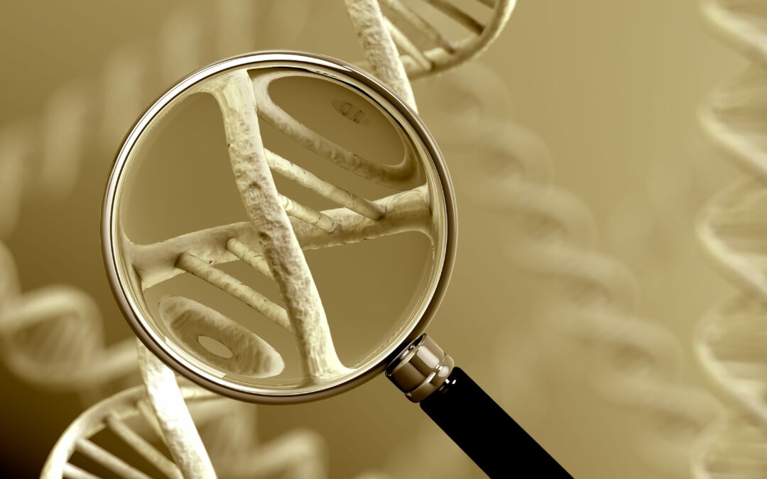 digital graphic of magnifying glass examining DNA strand