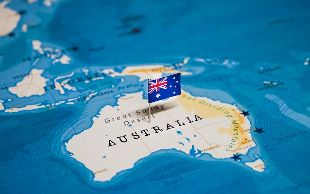 Australia on world map with Australia flag pin