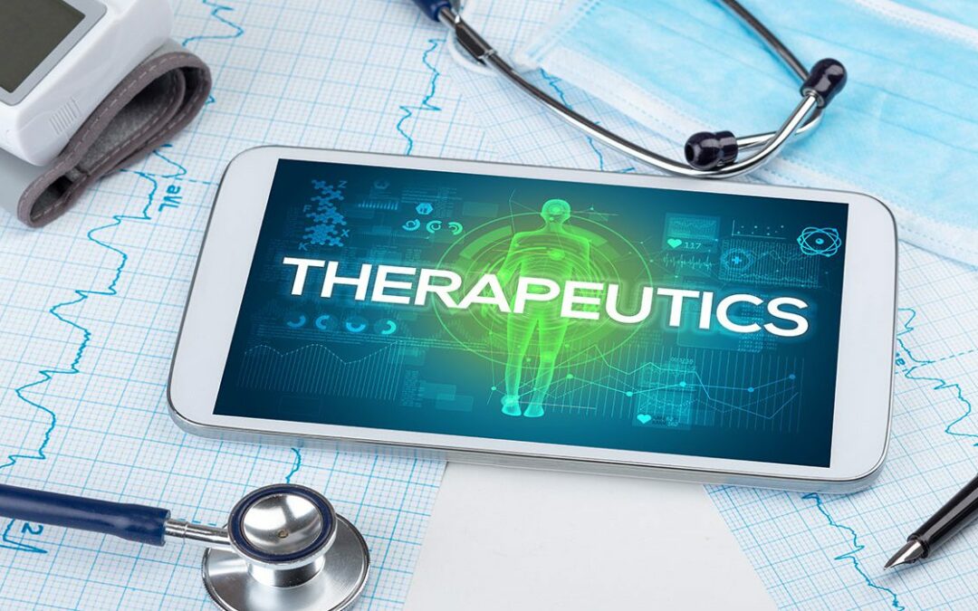 Therapeutics graphic on phone screen on top of medical records