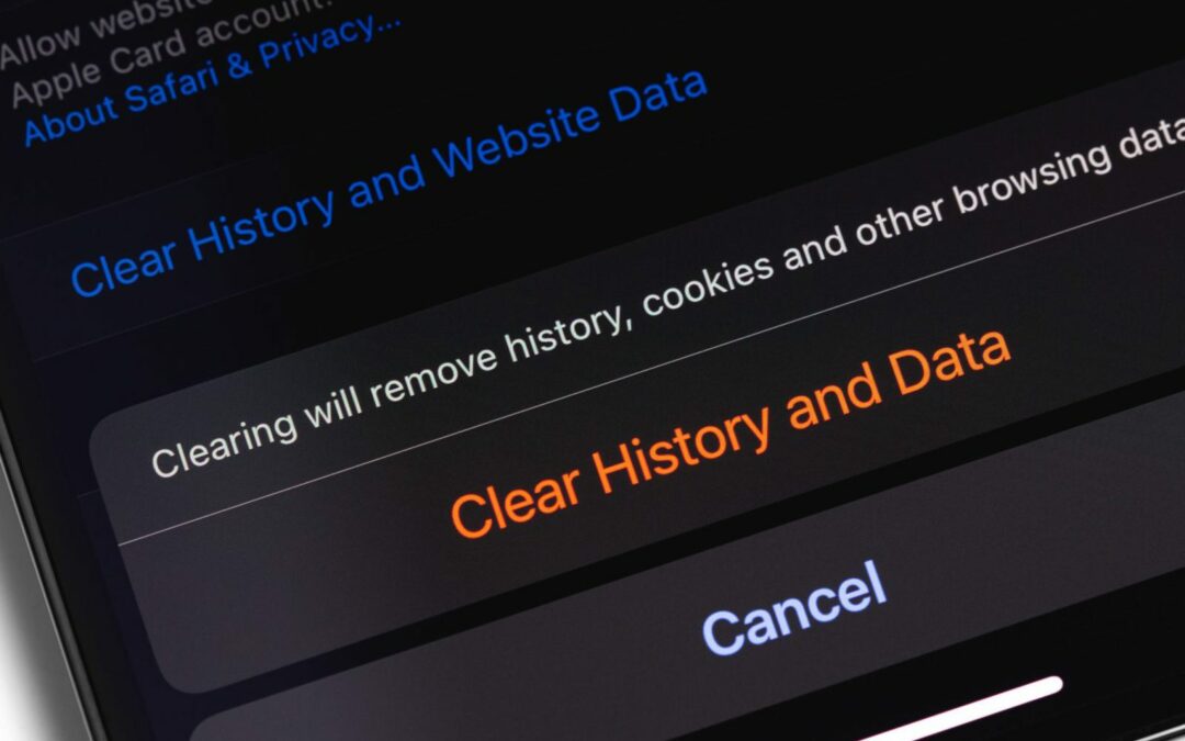 Closeup of mobile phone screen displaying clear history and data message
